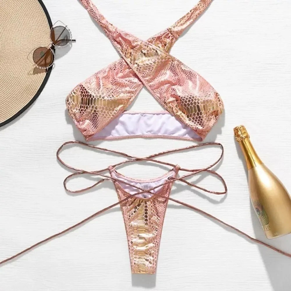 NEW! Metallic Gold Python Print Wrap Bikini - Picture 2 of 7